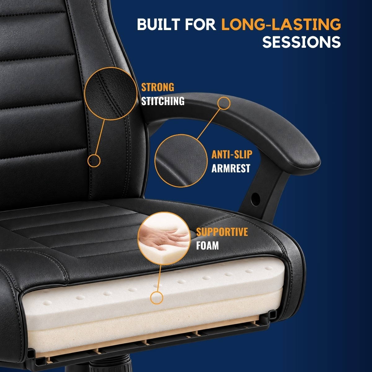 Black chair featuring strong stitching, anti-slip armrest, and supportive foam.