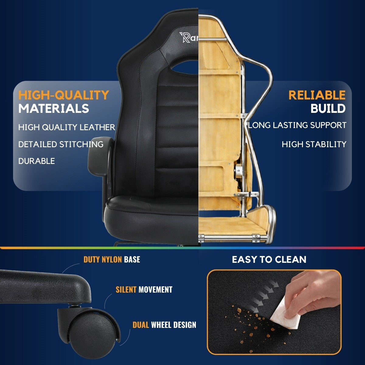 Infographic shows leather seat, wooden frame, sturdy wheels, and easy cleaning.
