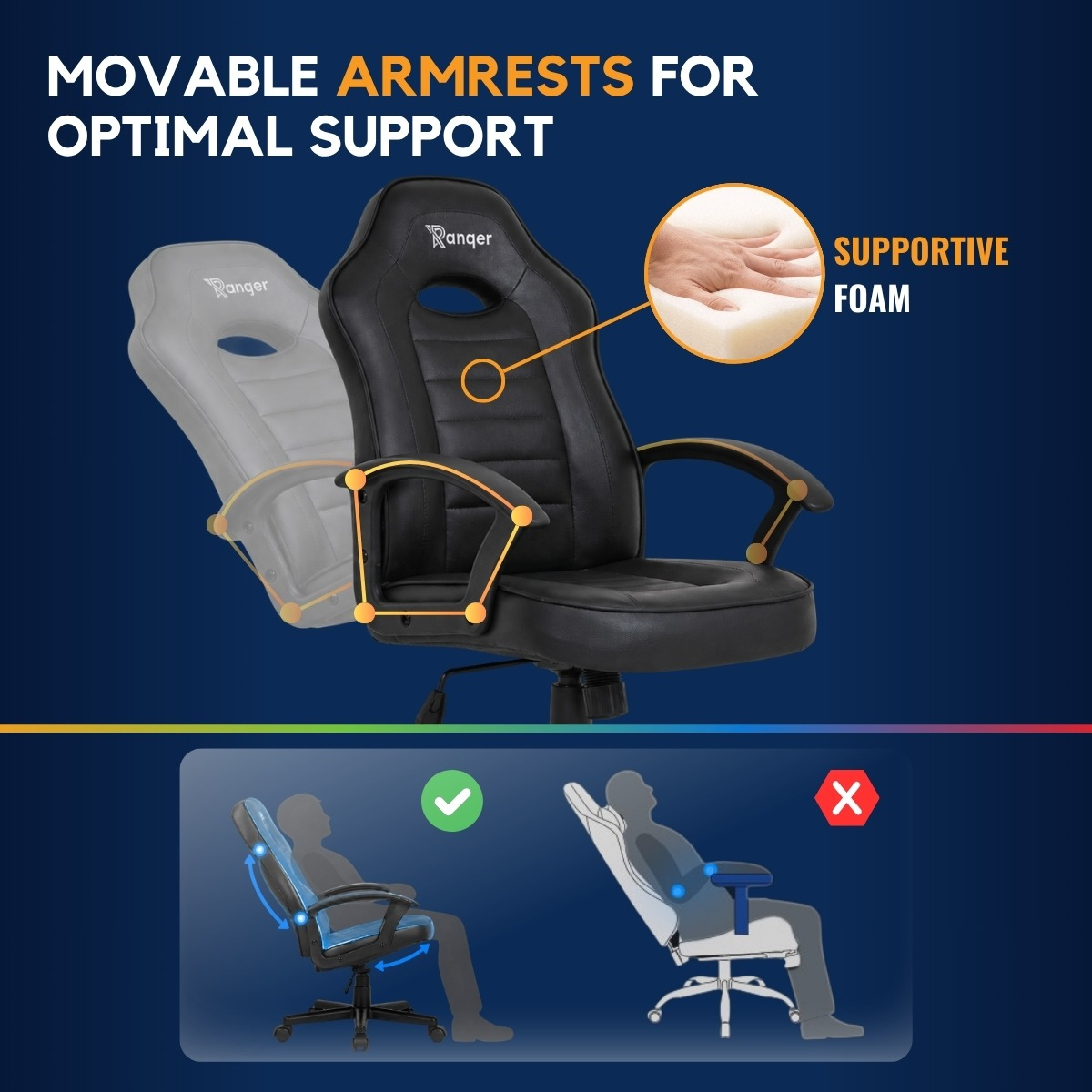 A black gaming chair with movable armrests and supportive foam against a blue background.