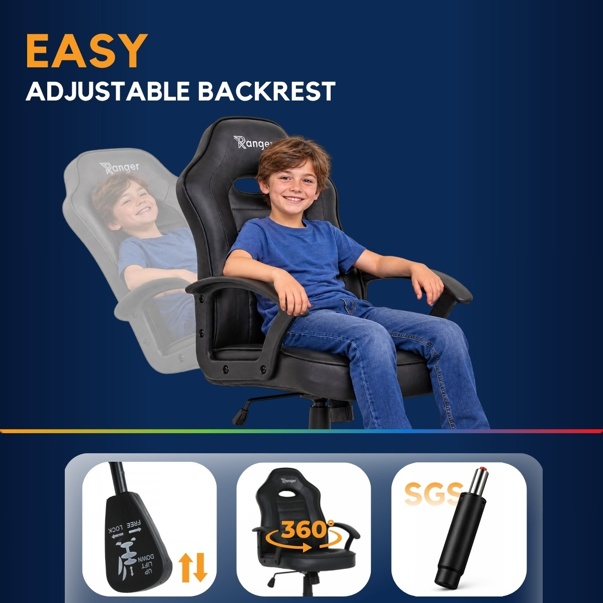 A boy sits on an adjustable black gaming chair against a blue background.