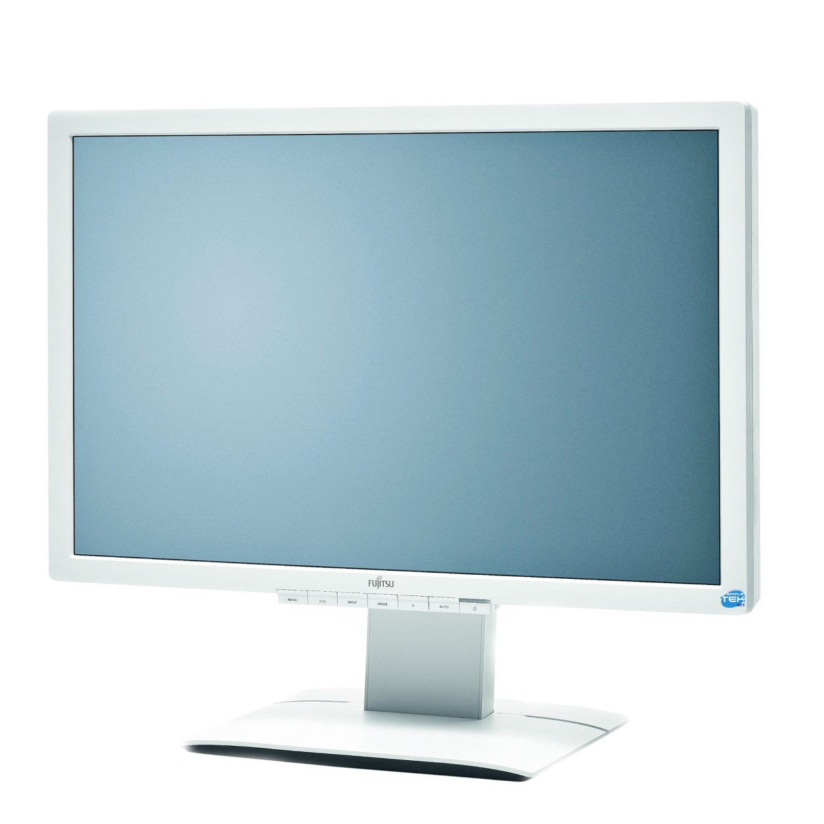 Un monitor per computer Fujitsu bianco con display blu su supporto e sfondo bianco.