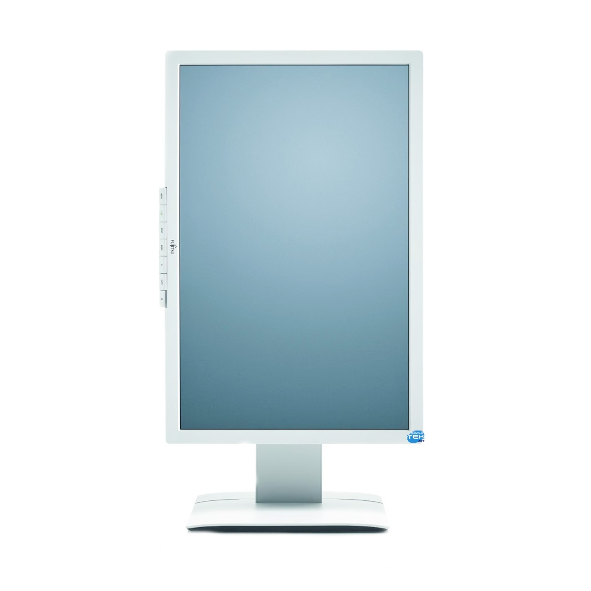 Un monitor Fujitsu bianco posizionato verticalmente su sfondo bianco.
