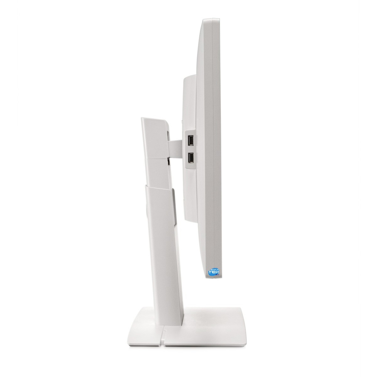 Vista laterale di un monitor per computer bianco su supporto con porte USB visibili su sfondo bianco.