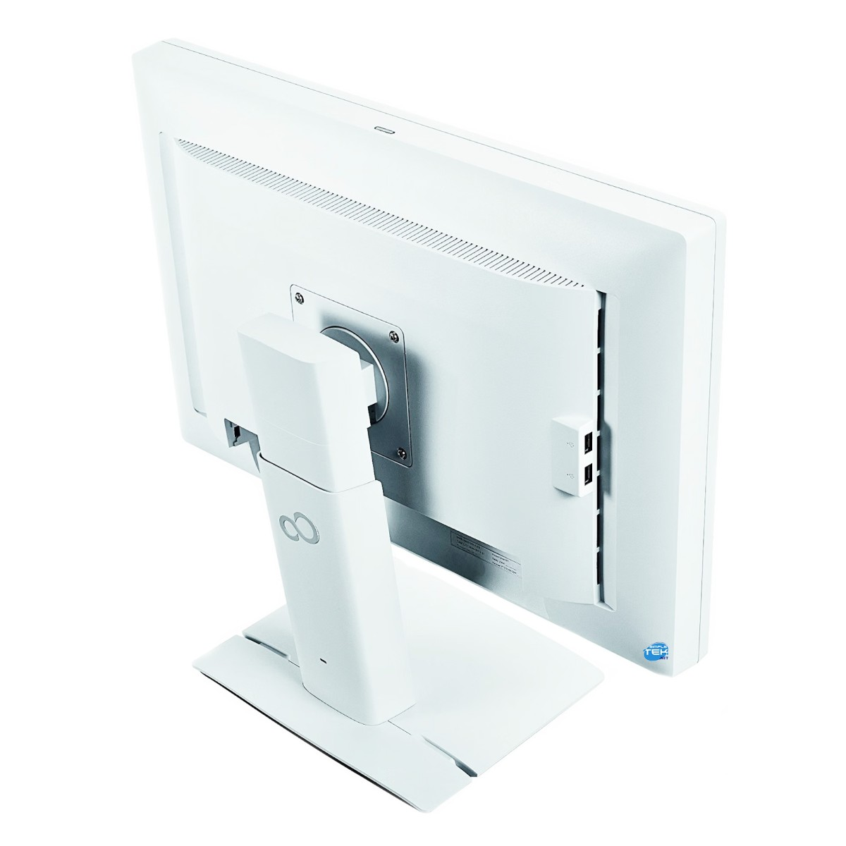 Vista posteriore di un monitor per computer bianco con supporto su sfondo bianco.