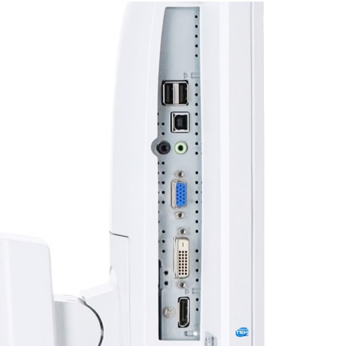 Pannello I/O posteriore di un monitor bianco con porte USB, audio, VGA, DVI e DisplayPort.