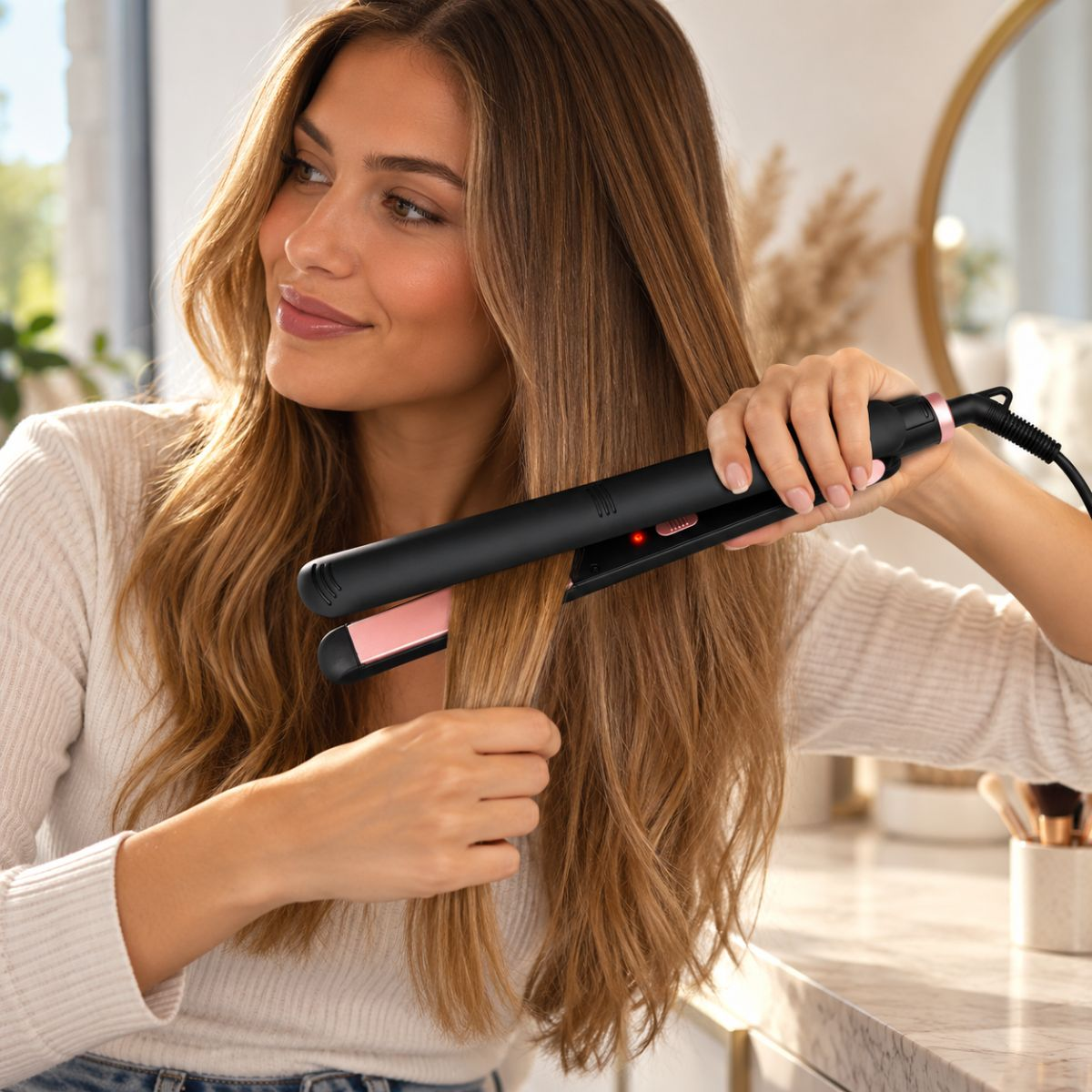 Eine Frau mit langem braunem Haar glättet eine Strähne mit einem schwarzen und rosa Haarglätter.