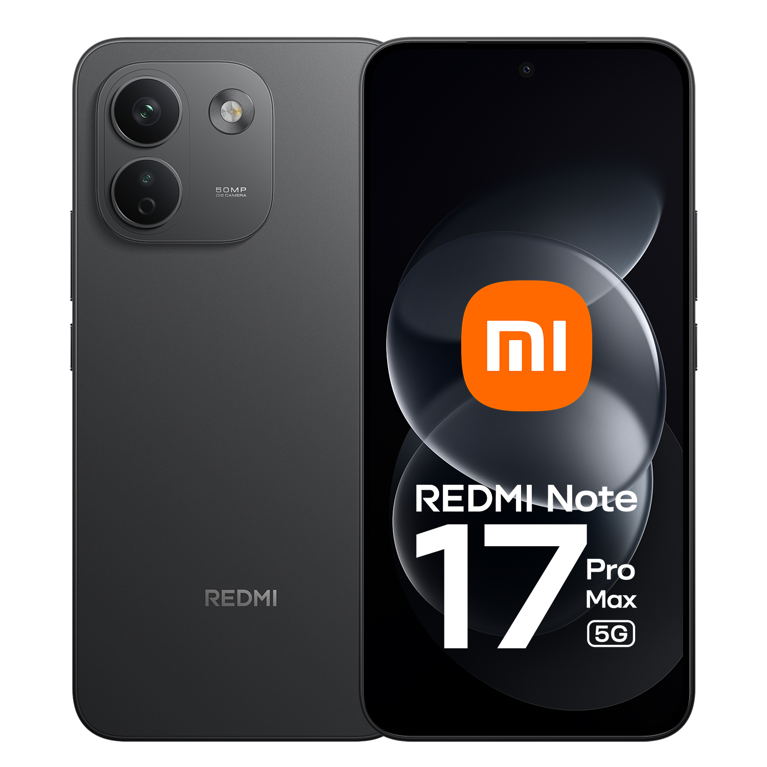 Front- und Rückansicht eines schwarzen Redmi Note 17 Pro Max 5G Smartphones mit Xiaomi-Logo.