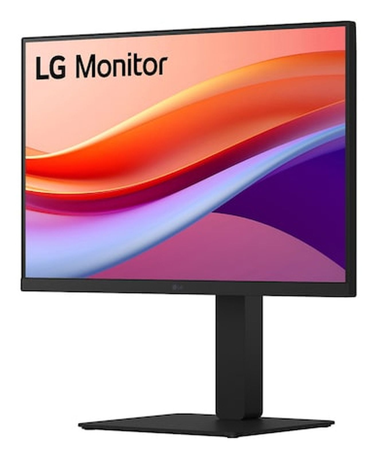 Un monitor LG negro que muestra un fondo de onda abstracto y colorido en la pantalla.