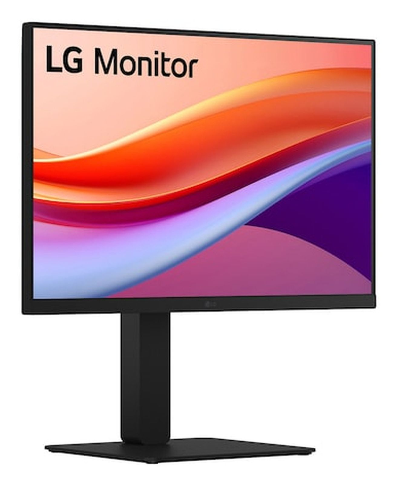 Un monitor LG con marco negro muestra un fondo de pantalla de onda abstracta colorido sobre un fondo blanco.