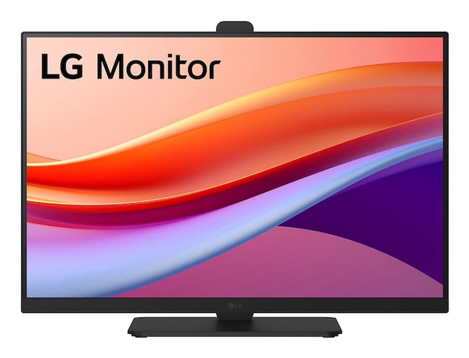 Un monitor LG negro que muestra un fondo abstracto colorido en la pantalla y tiene un pequeño soporte.