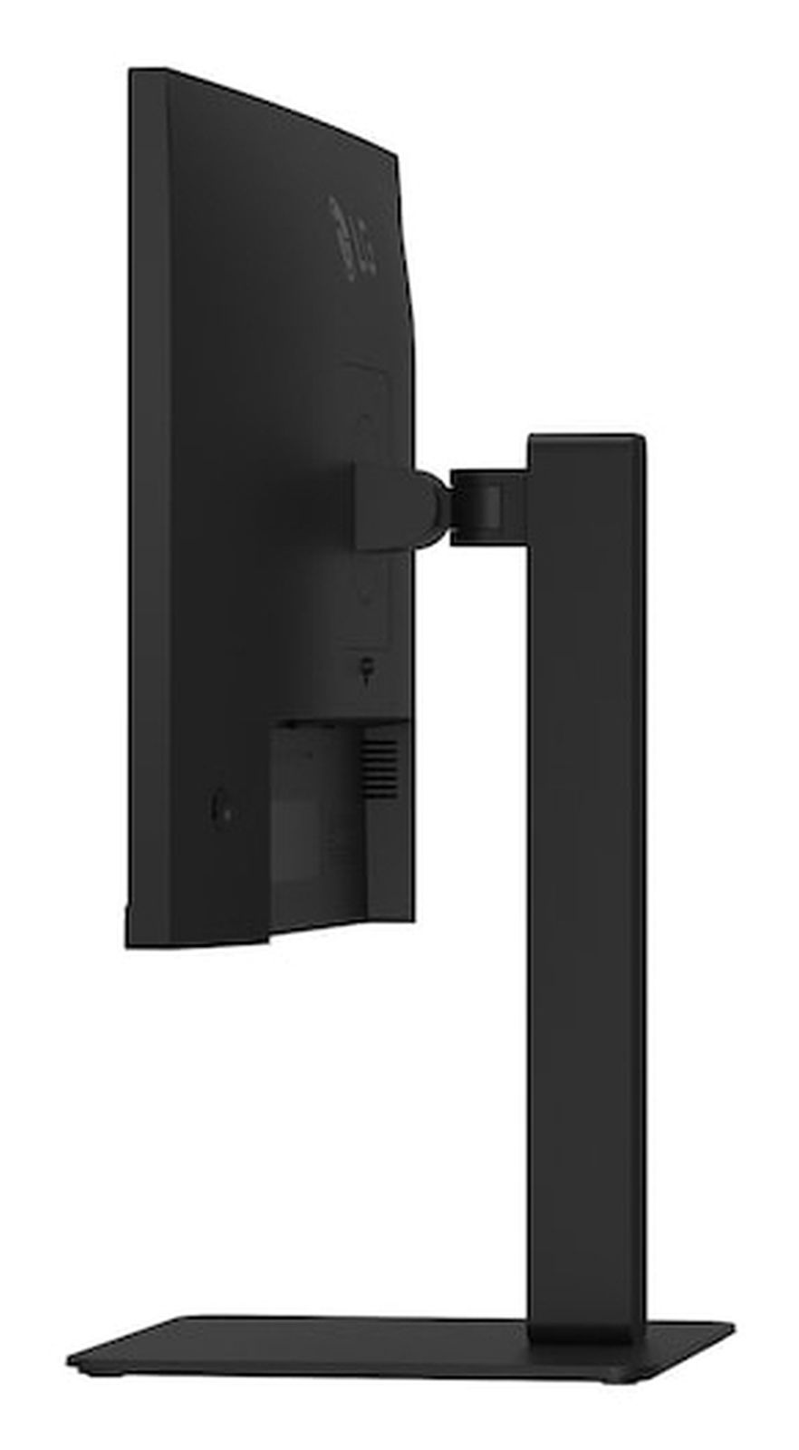 Vista lateral de un monitor de computadora LG negro con soporte ergonómico.