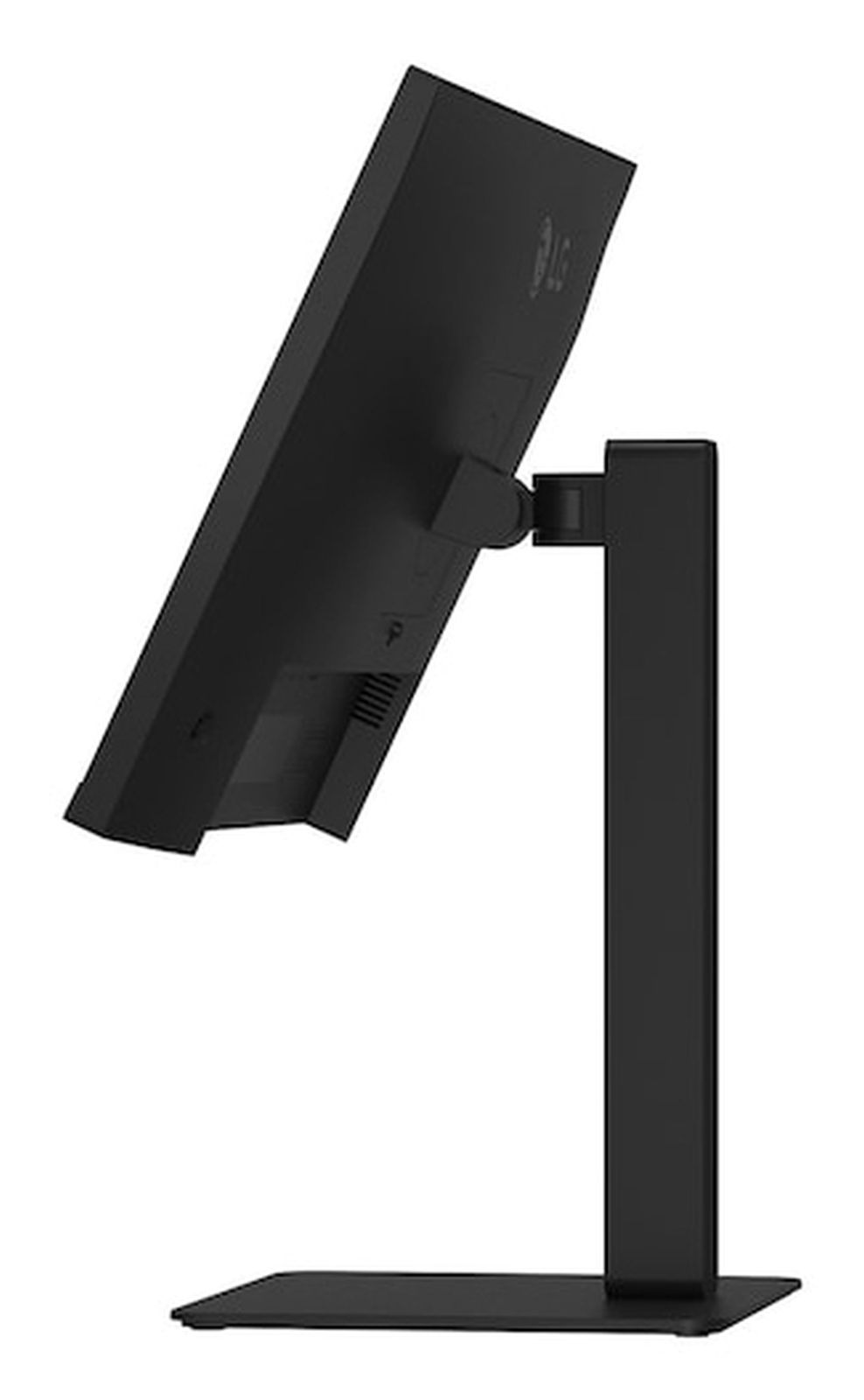 Un monitor de computadora negro en un soporte ajustable sobre un fondo blanco.