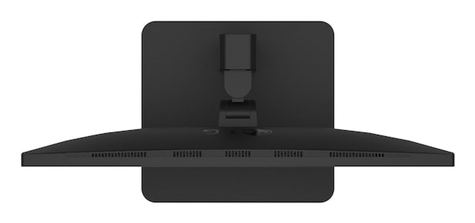 Vista trasera de un monitor negro sobre una base con soporte.