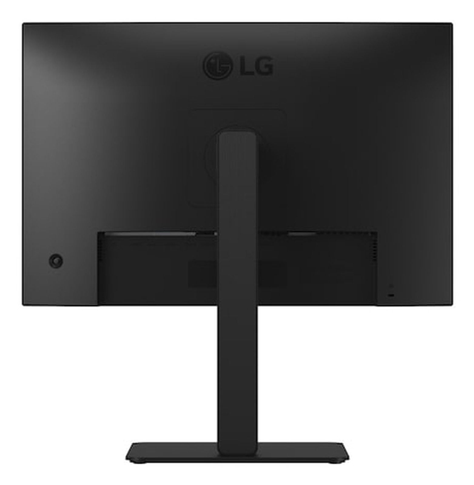 Vista trasera de un monitor LG negro sobre un soporte con fondo blanco.