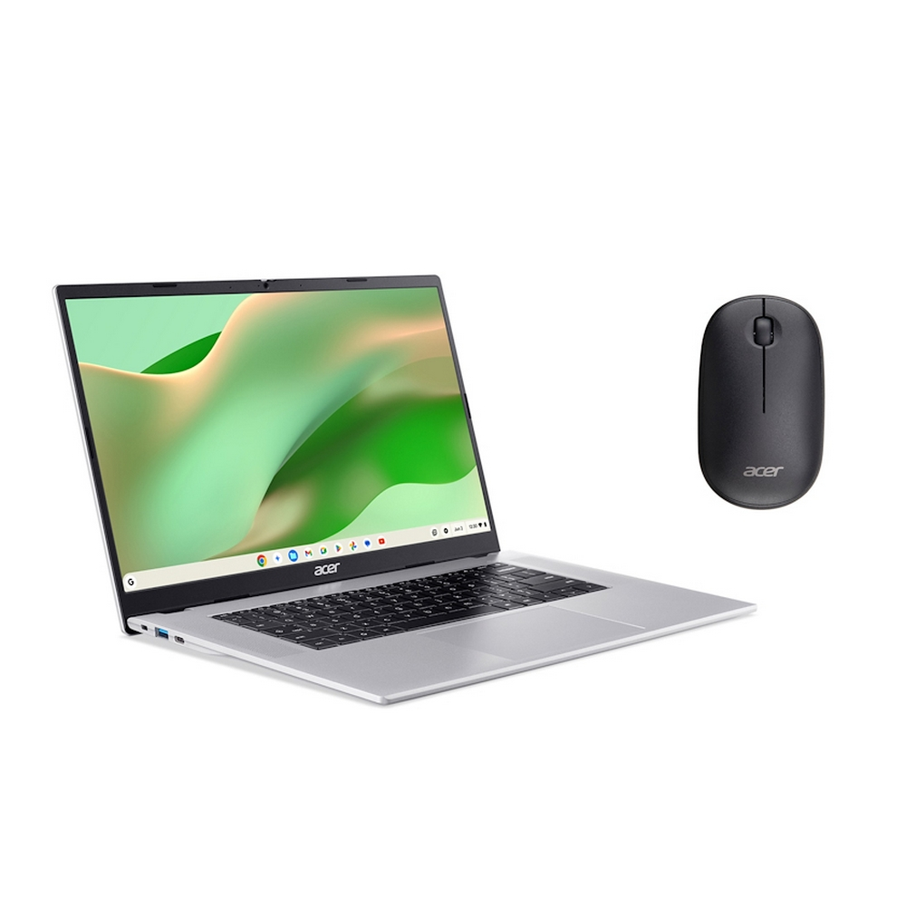 Un laptop Acer argento con sfondo astratto verde accanto a un mouse wireless Acer nero.