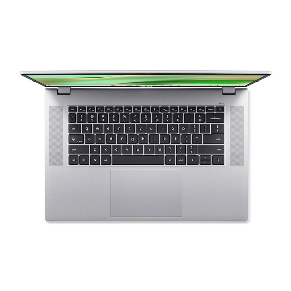 Vista dall'alto di un laptop argento con tastiera QWERTY nera e display aperto.