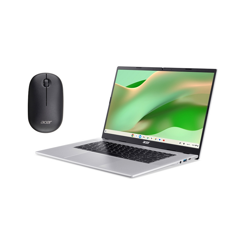 Un computer portatile Acer argento aperto con sfondo verde astratto e un mouse wireless nero su sfondo bianco.