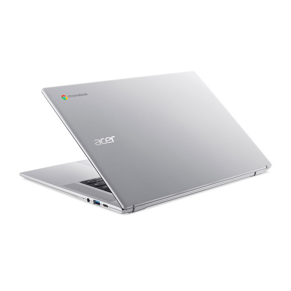 Laptop Acer Chromebook argento visto da dietro su sfondo bianco.