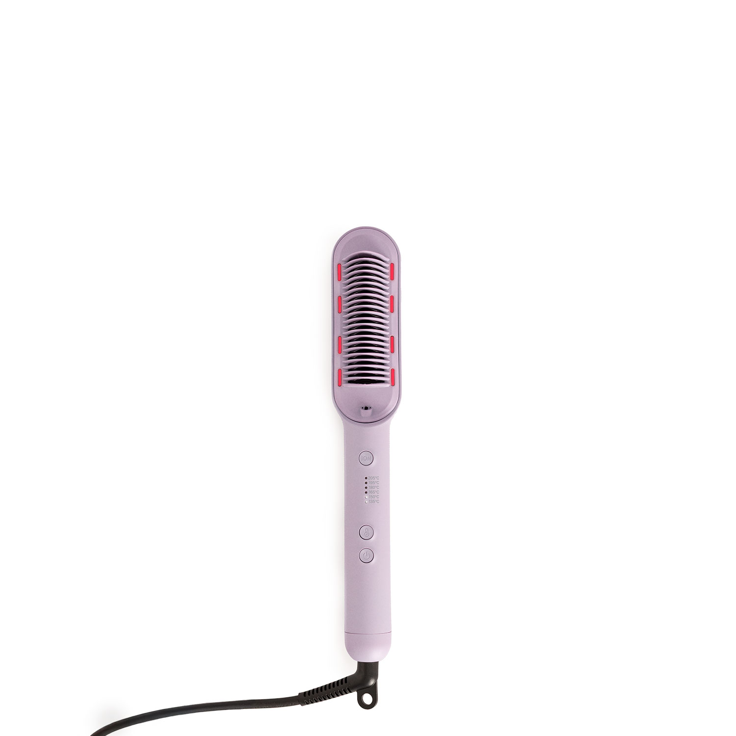 Un cepillo alisador de pelo morado con detalles rojos, botones de control y cable negro sobre fondo blanco.