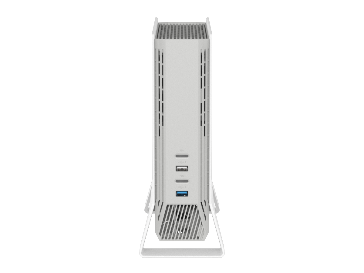 Metal ayak üzerinde dikey beyaz mini PC kasası, USB bağlantı noktaları ve havalandırma delikleriyle.