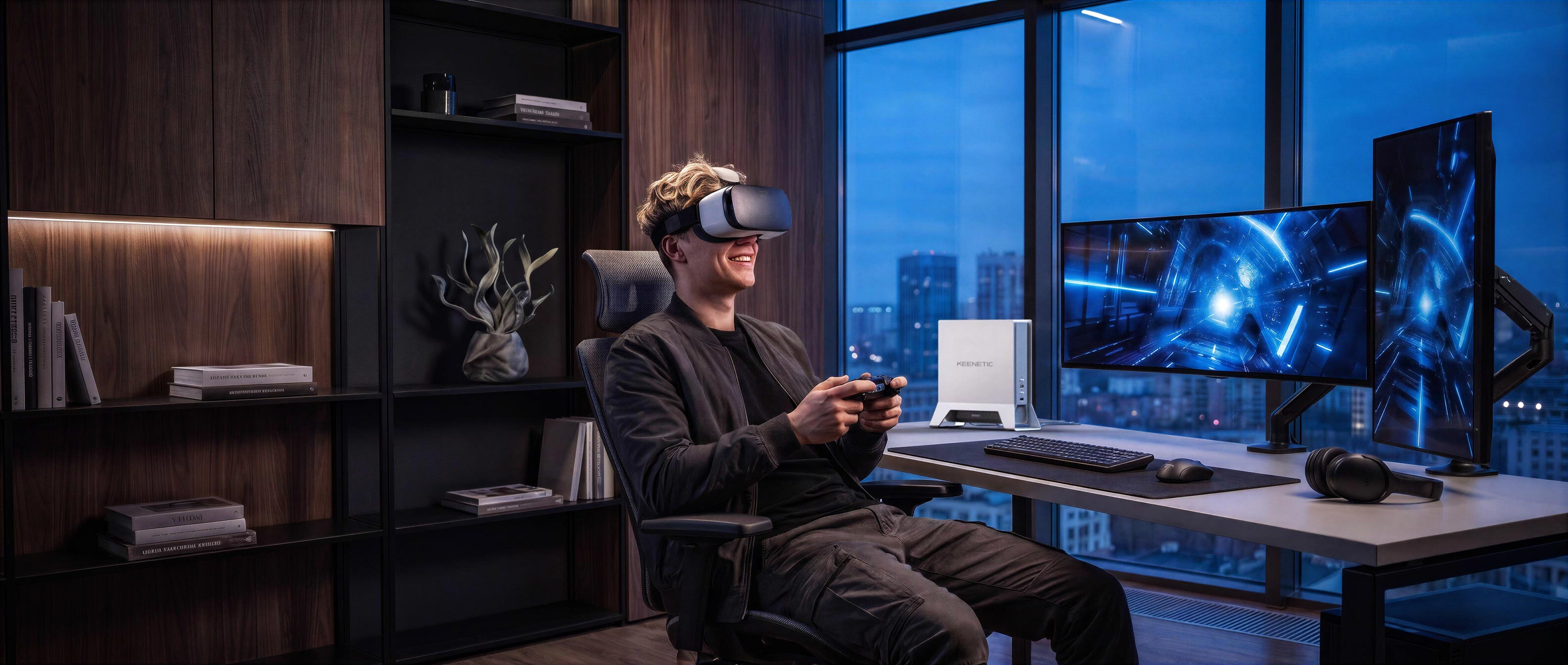 VR gozlugu ve kumandasi olan genc adam modern bir odada monitorlerin onunde oturuyor.