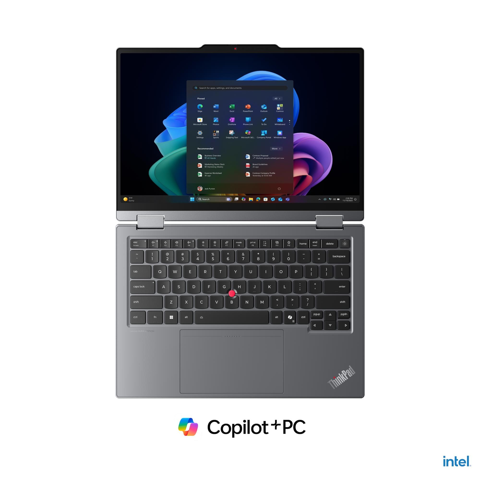 Un laptop ThinkPad grigio aperto mostra la schermata iniziale di Windows.