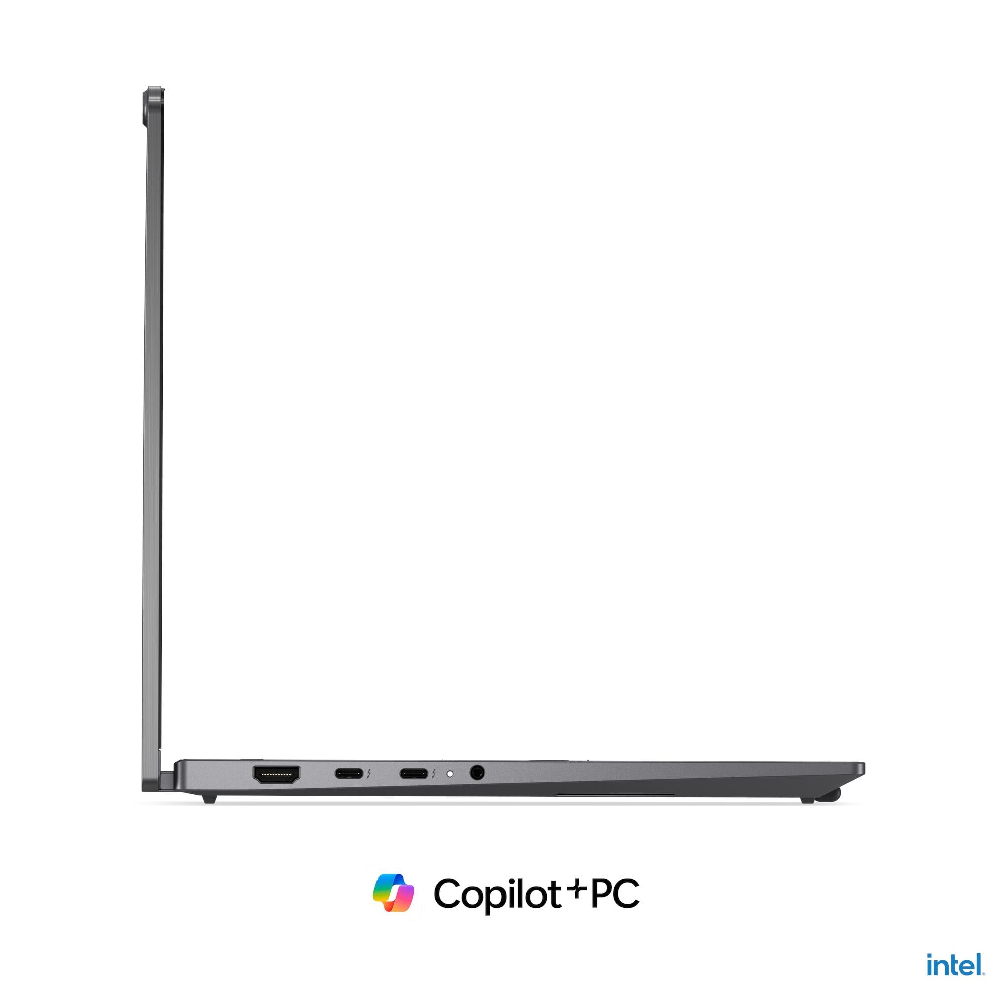 Lato sinistro di un laptop grigio con porte, loghi Copilot+ PC e Intel.