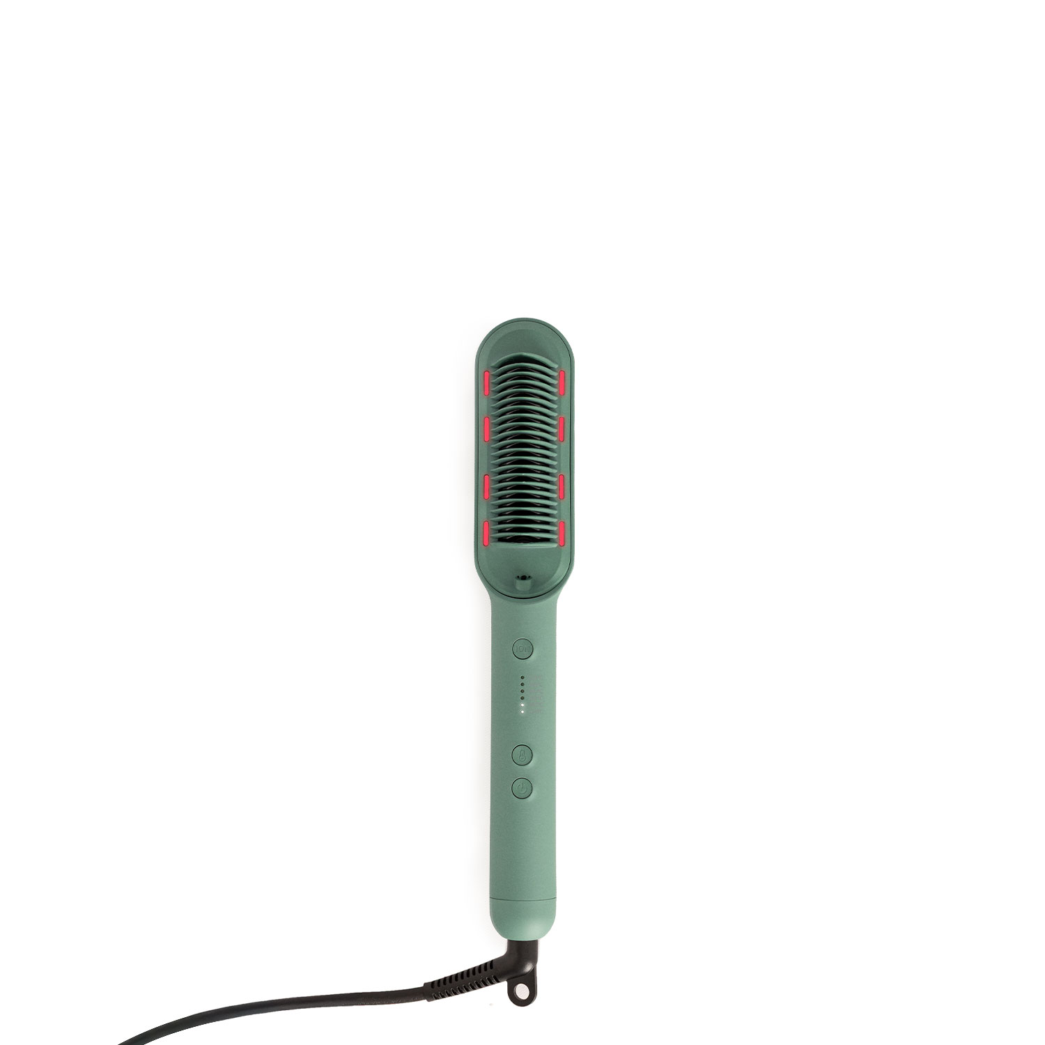 Un cepillo alisador de pelo eléctrico verde con detalles rojos y un cable negro sobre fondo blanco.