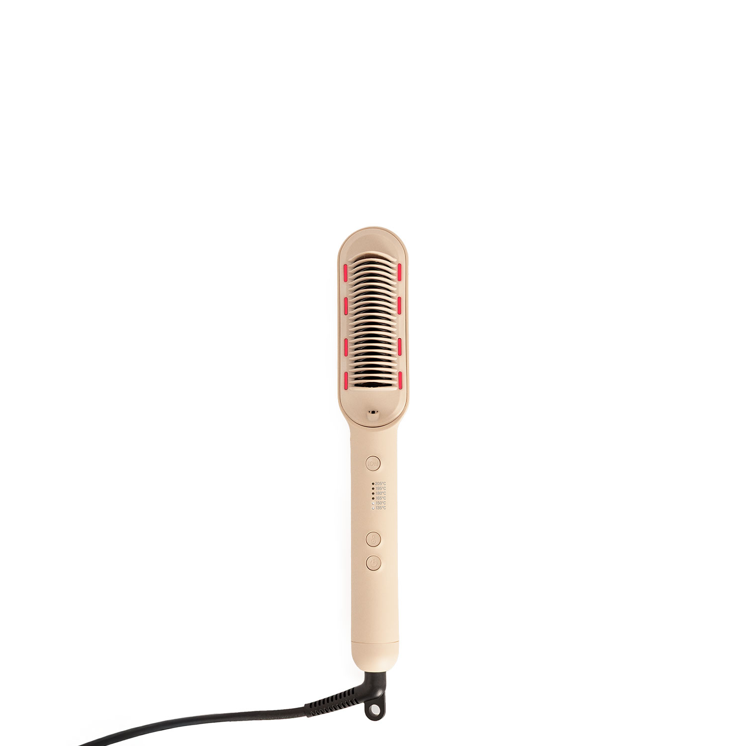 Un cepillo alisador de pelo beige con ajustes de temperatura y un cable de alimentación negro sobre fondo blanco.