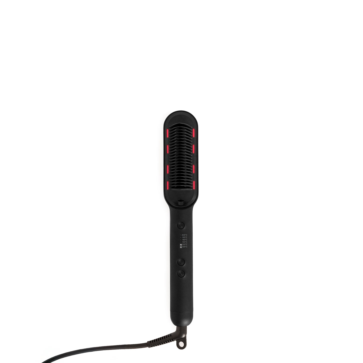 Cepillo alisador de pelo eléctrico negro con ajustes de temperatura iluminados sobre fondo blanco.