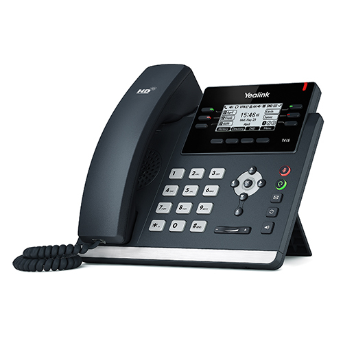 Telefono IP Yealink nero con schermo, tastierino e cornetta su sfondo bianco.