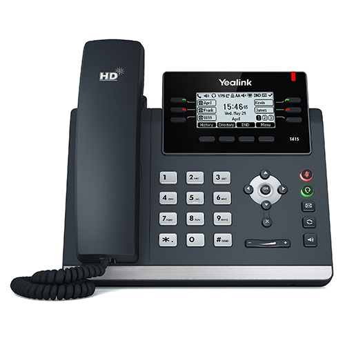 Un telefono IP Yealink nero con display, tastiera e cornetta su sfondo bianco.