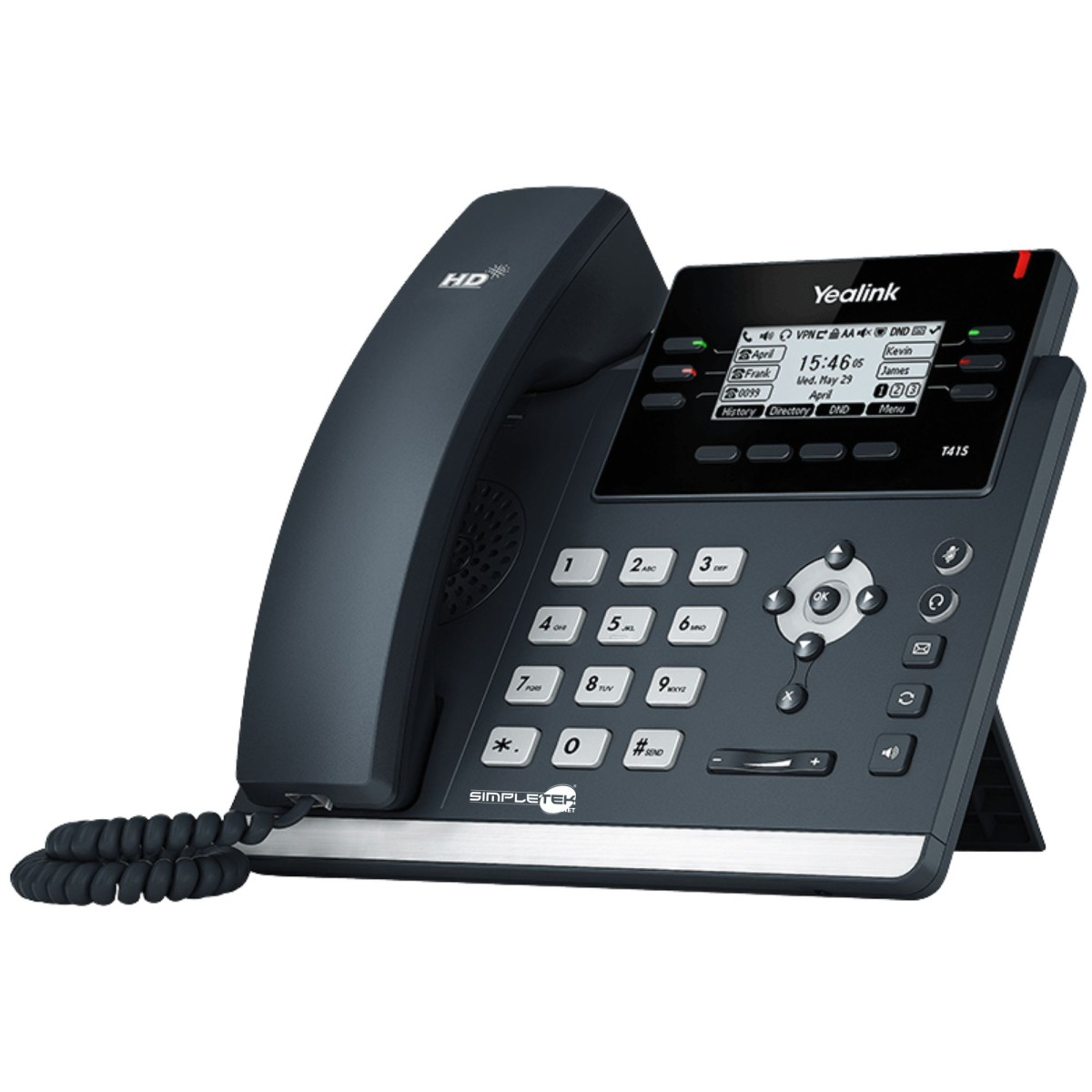 Un moderno telefono IP grigio con display, tastierino e cornetta su sfondo bianco.
