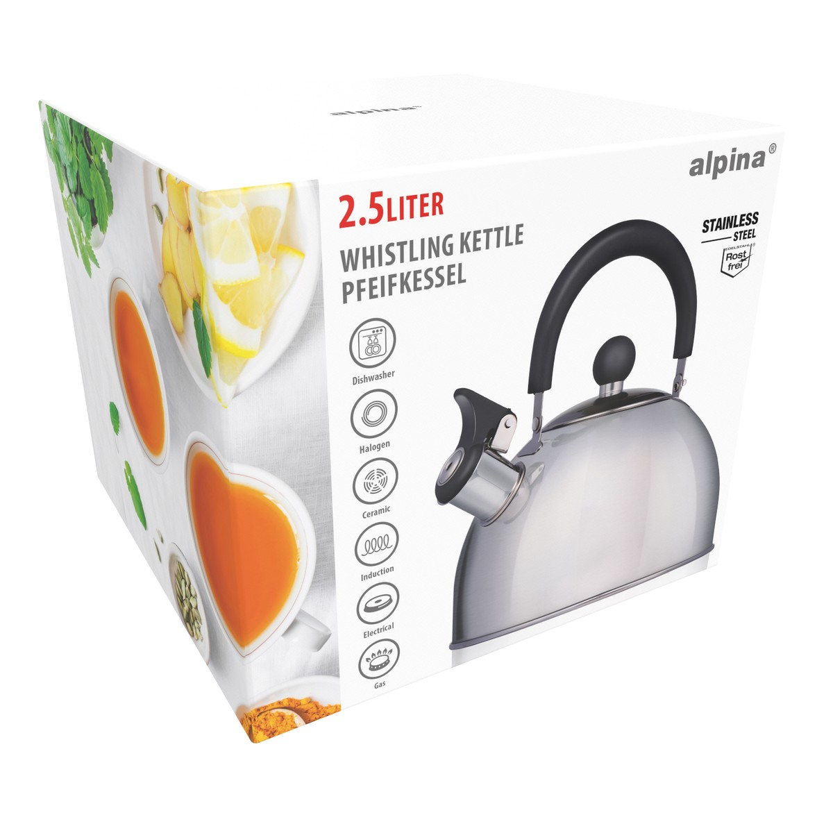 Verpackung eines Alpina Pfeifkessels aus Edelstahl mit Abbildungen von Tee und Zitronen.