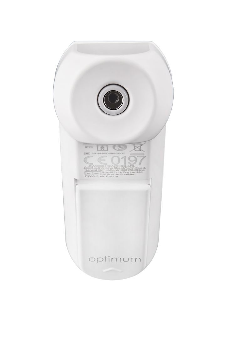 Ein weißes medizinisches Infrarot-Thermometer mit einem runden Sensor oben und dem Markennamen Optimum.