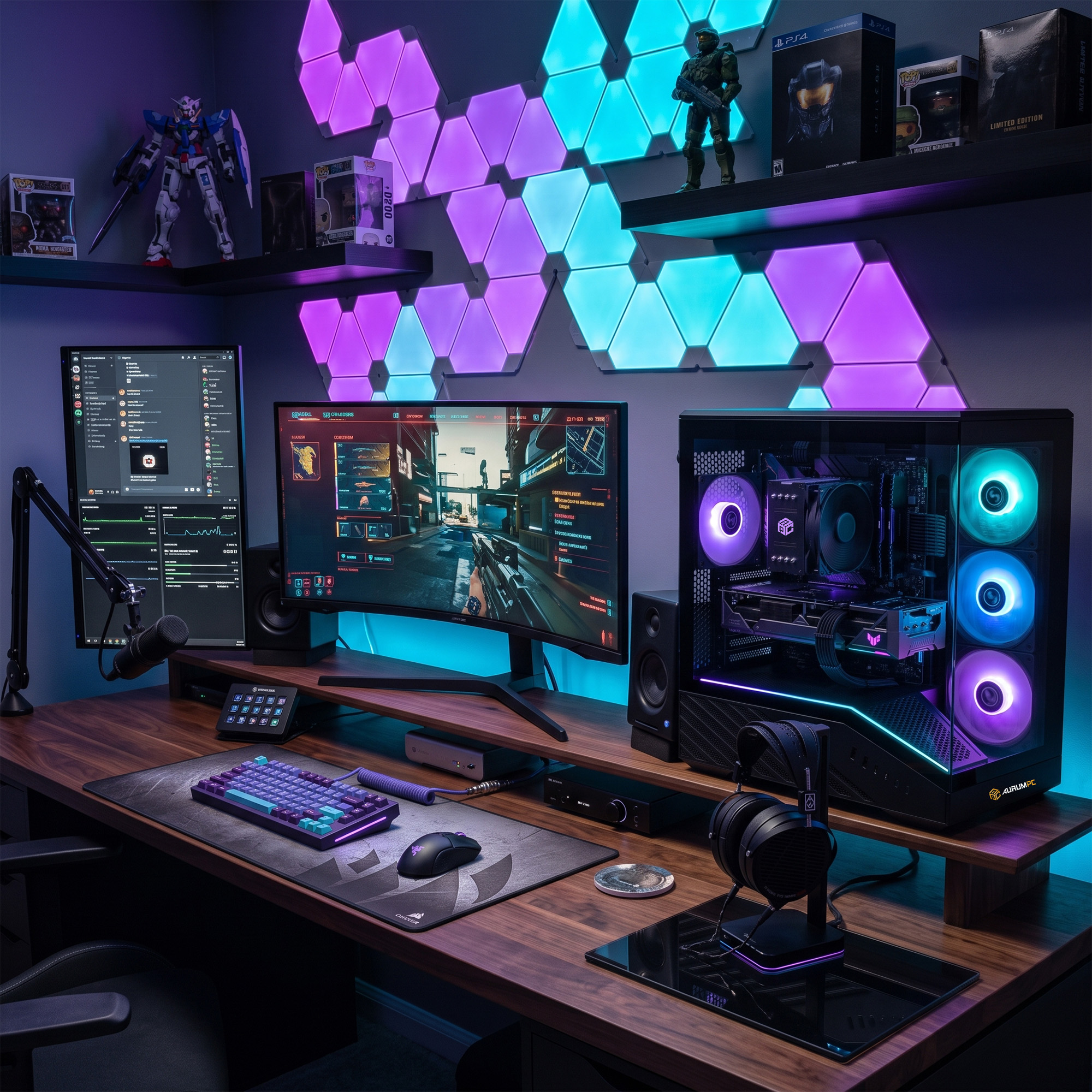 Beleuchteter Gaming-PC mit zwei Monitoren, Tastatur, Kopfhörern und blauen Dreiecks-Wandleuchten.