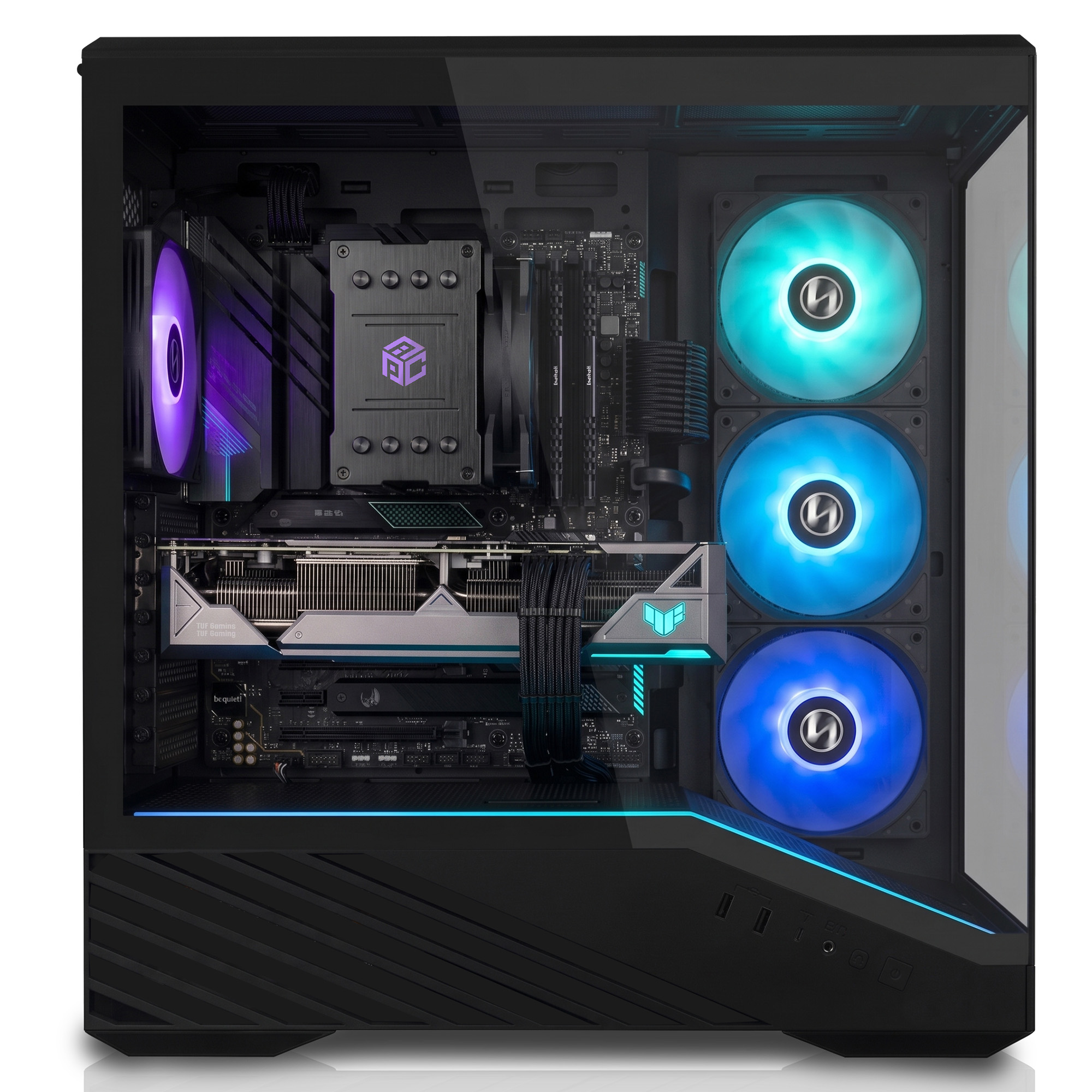 Ein schwarzer PC-Tower mit Glasfenster, beleuchteten Lüftern in Blau und Violett sowie einer Grafikkarte im Inneren.