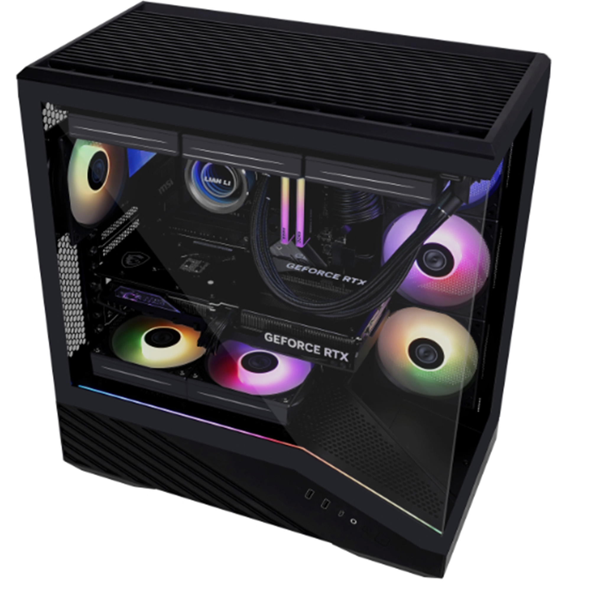 Ein schwarzer Gaming-PC mit RGB-Lüftern und zwei GeForce RTX Grafikkarten.
