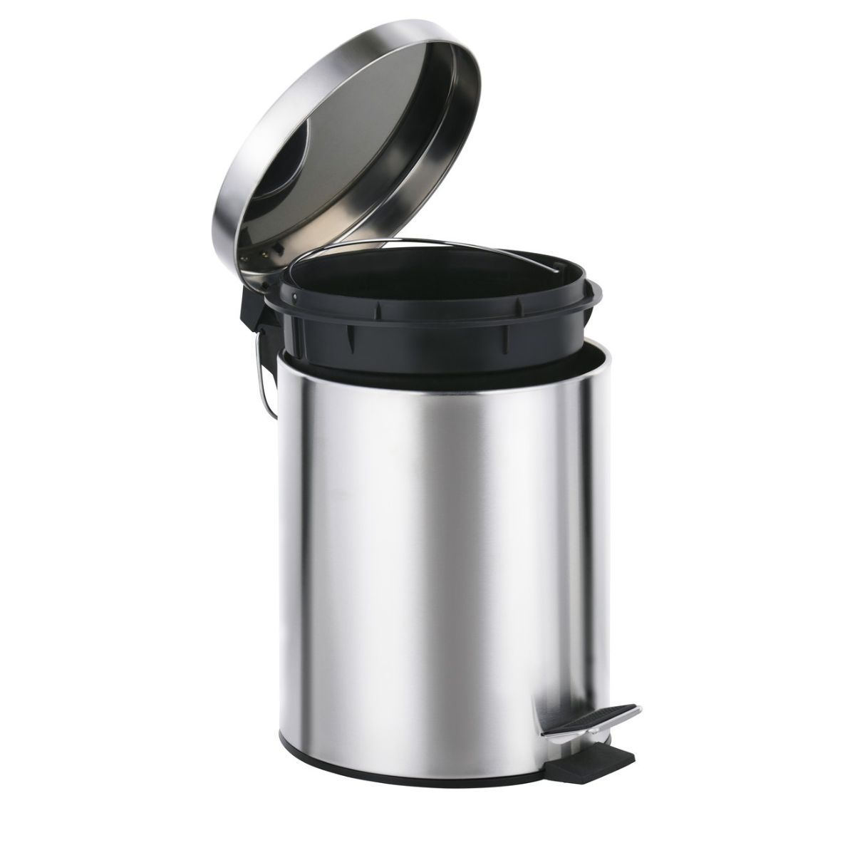 Une poubelle cylindrique en acier inoxydable avec un couvercle ouvert et une pédale noire sur fond blanc.