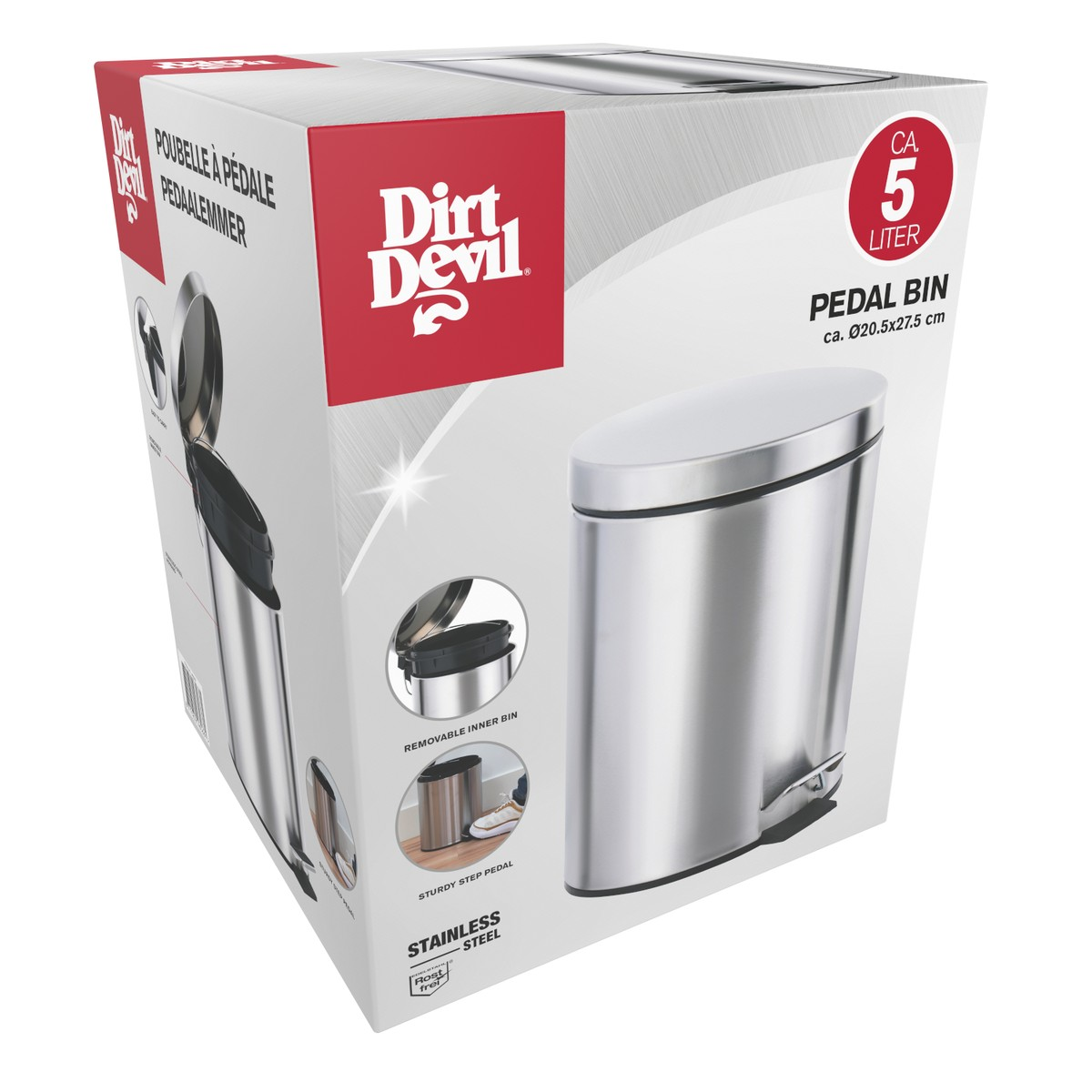 Boîte d'emballage pour une poubelle à pédale en acier inoxydable de 5 litres Dirt Devil.