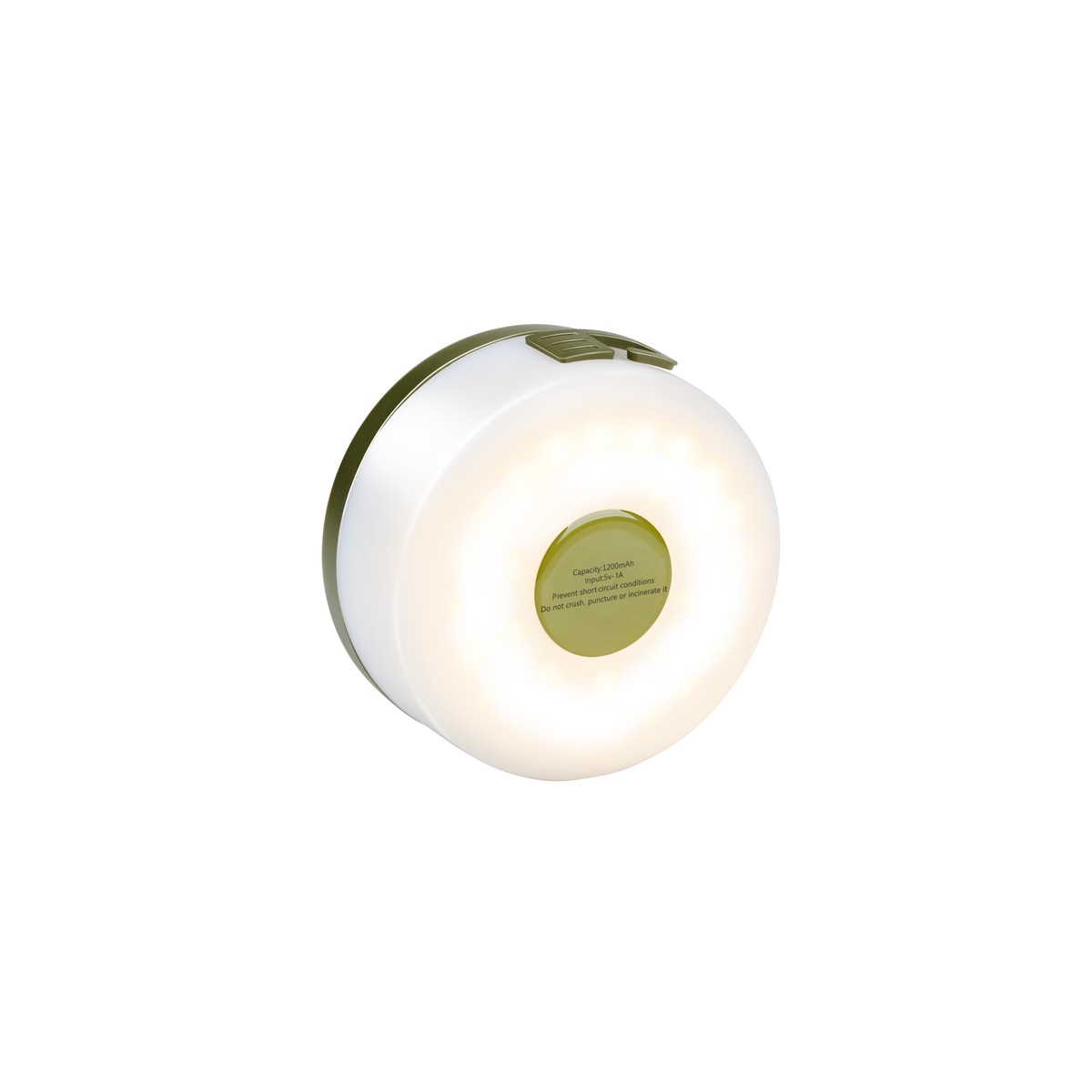 Eine kleine, runde, grüne und weiße LED-Lampe leuchtet auf einem weißen Hintergrund.