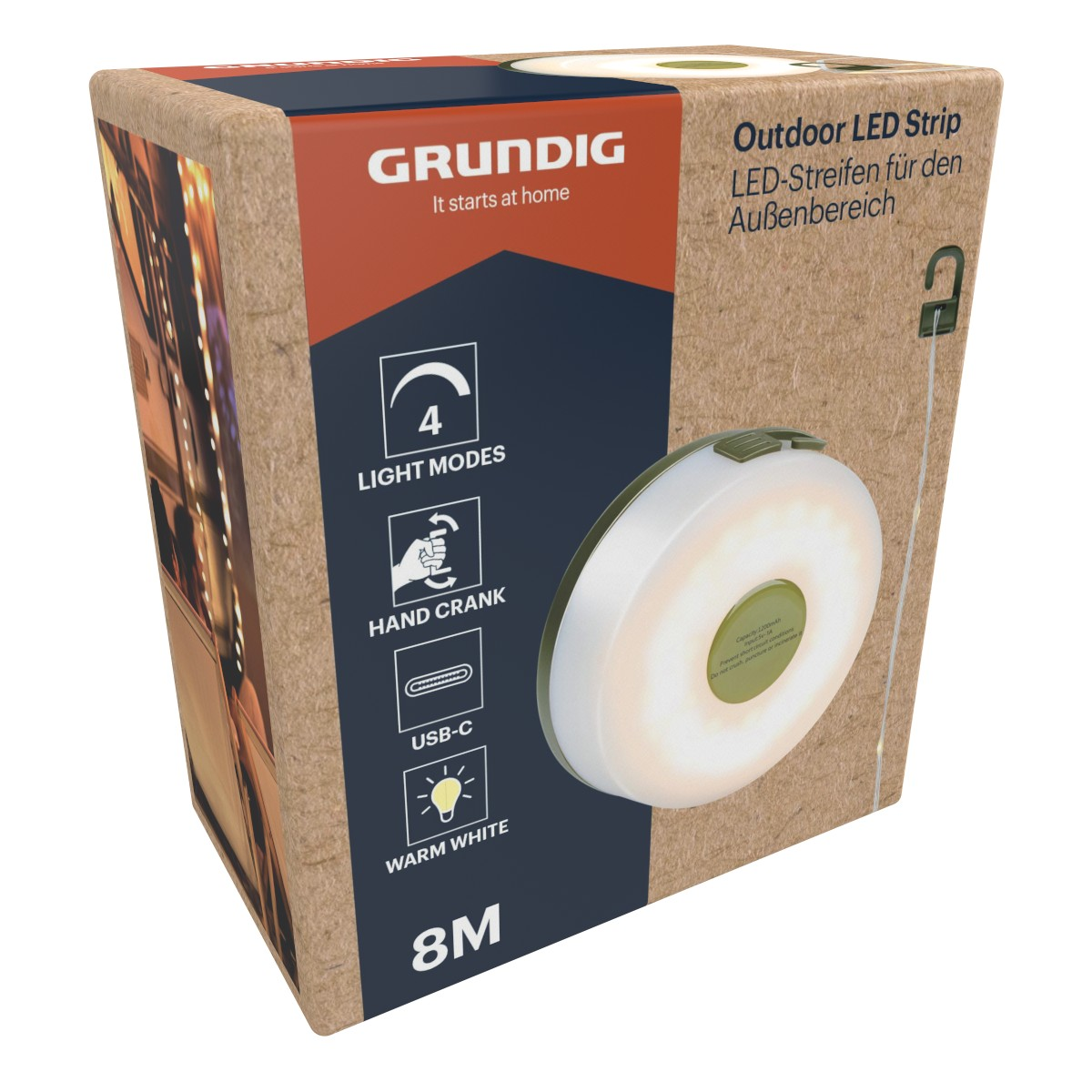 Grundig Outdoor-LED-Streifen-Verpackung mit runder Leuchte und Handkurbel-Symbol.