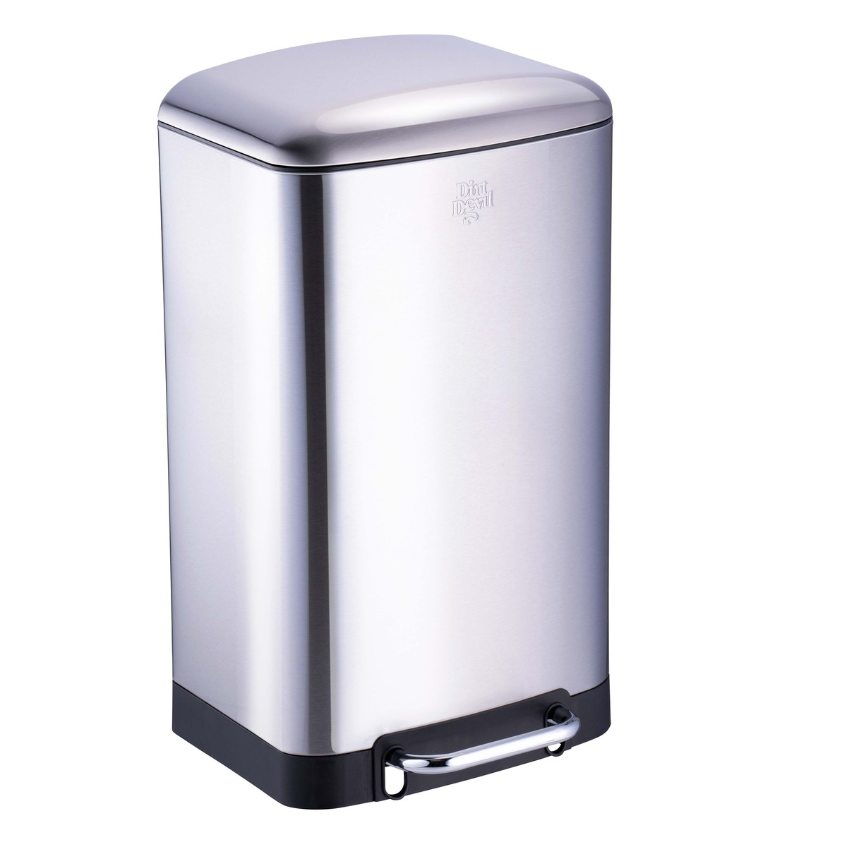 Poubelle rectangulaire en acier inoxydable avec base noire et pédale sur fond blanc.