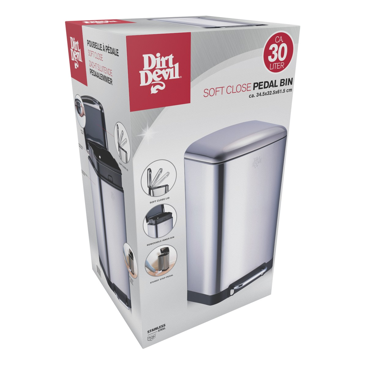 Emballage de produit pour une poubelle à pédale Dirt Devil de 30 litres en acier inoxydable.