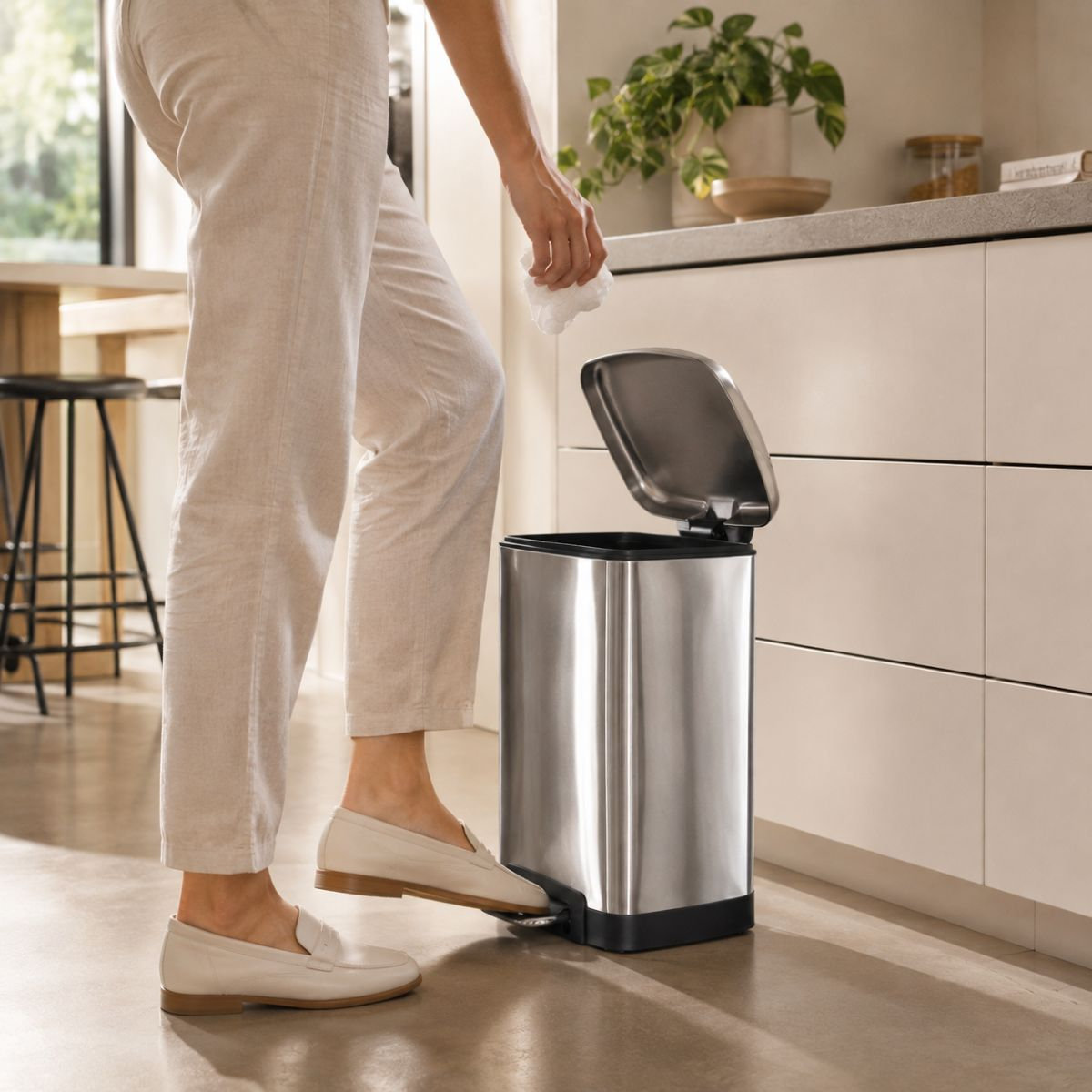 Une personne ouvre une poubelle en acier inoxydable avec son pied dans une cuisine moderne tout en y jetant des déchets.