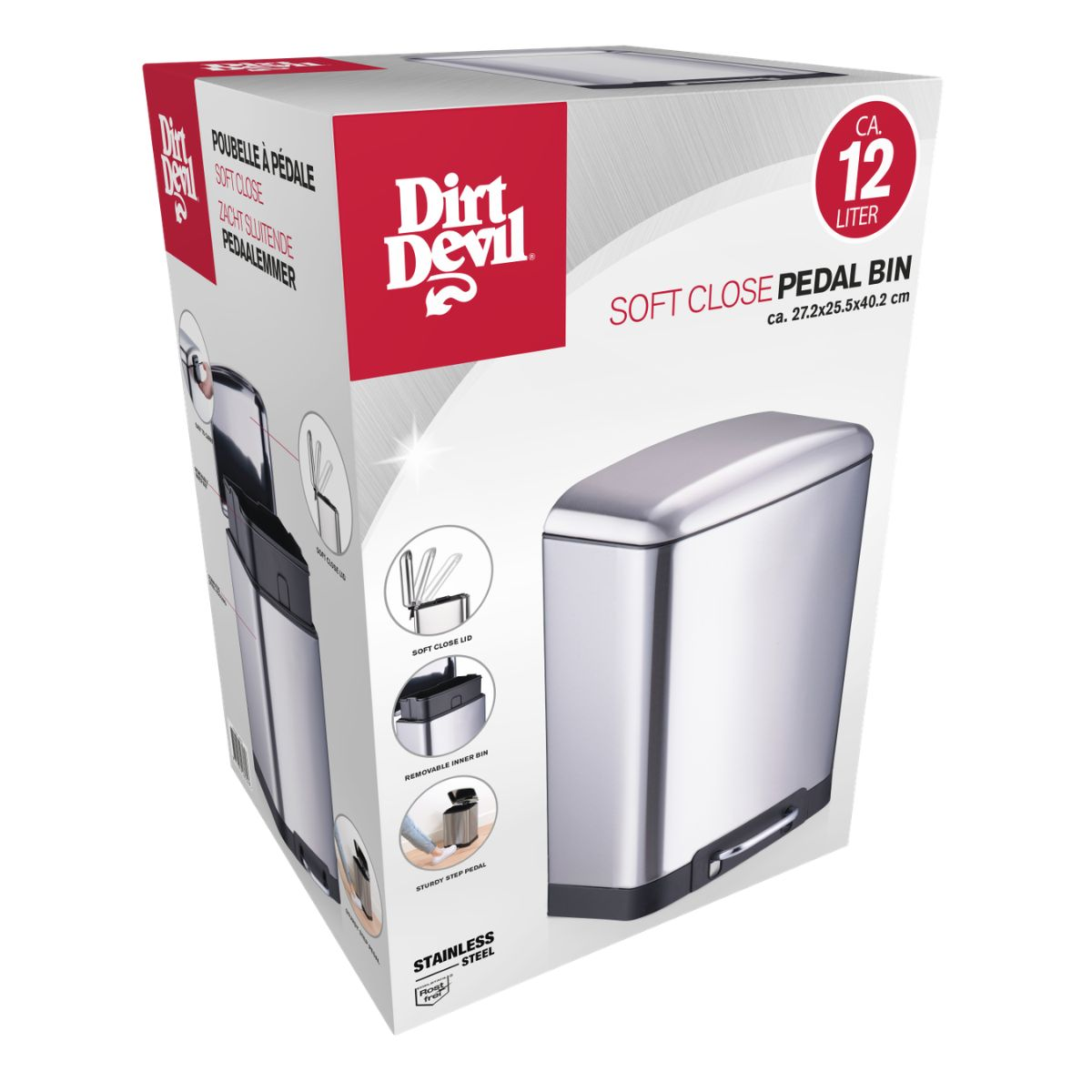 Emballage d'une poubelle à pédale en acier inoxydable Dirt Devil de 12 litres.