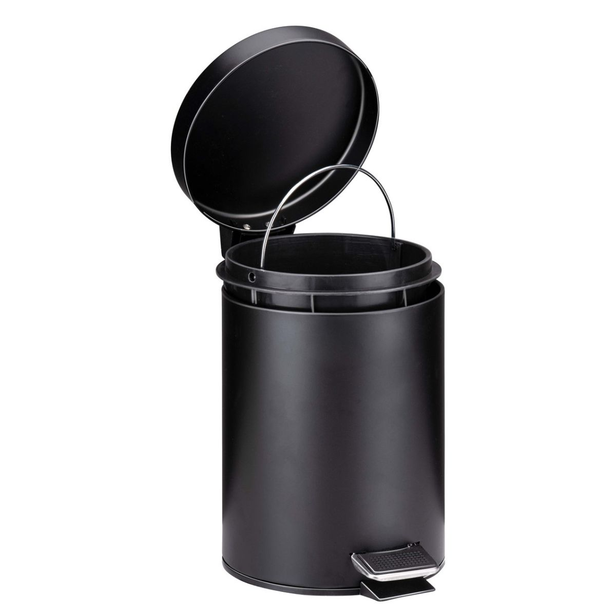 A black pedal bin with an open lid and a silver handle against a white background.