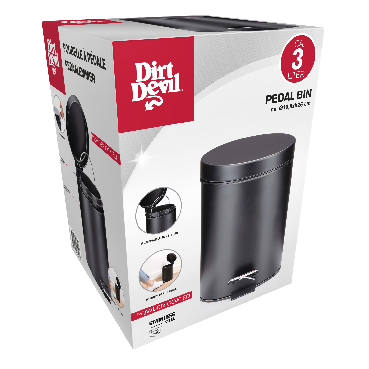 Packaging box for a 3-liter Dirt Devil pedal bin, featuring product images and details.