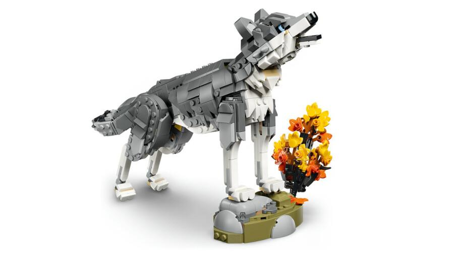 Renkli yapraklı küçük bir sonbahar bitkisinin yanında kayanın üzerinde duran bir Lego kurt.