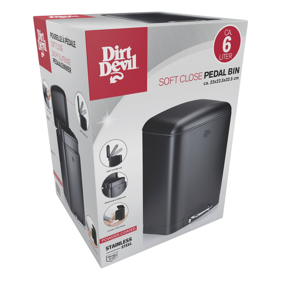 Boîte d'emballage de poubelle à pédale Dirt Devil 6L à fermeture douce, montrant le seau intérieur amovible.